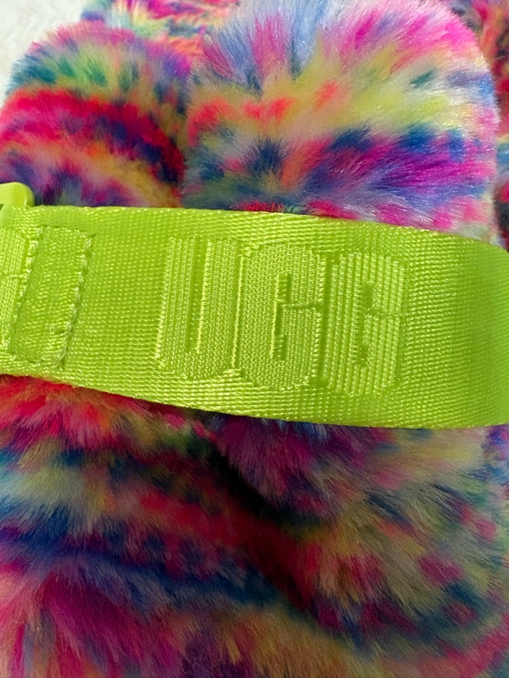 UGG Neon Multi Faux Fur Slide with Lime Strap - Picture 2 of 10